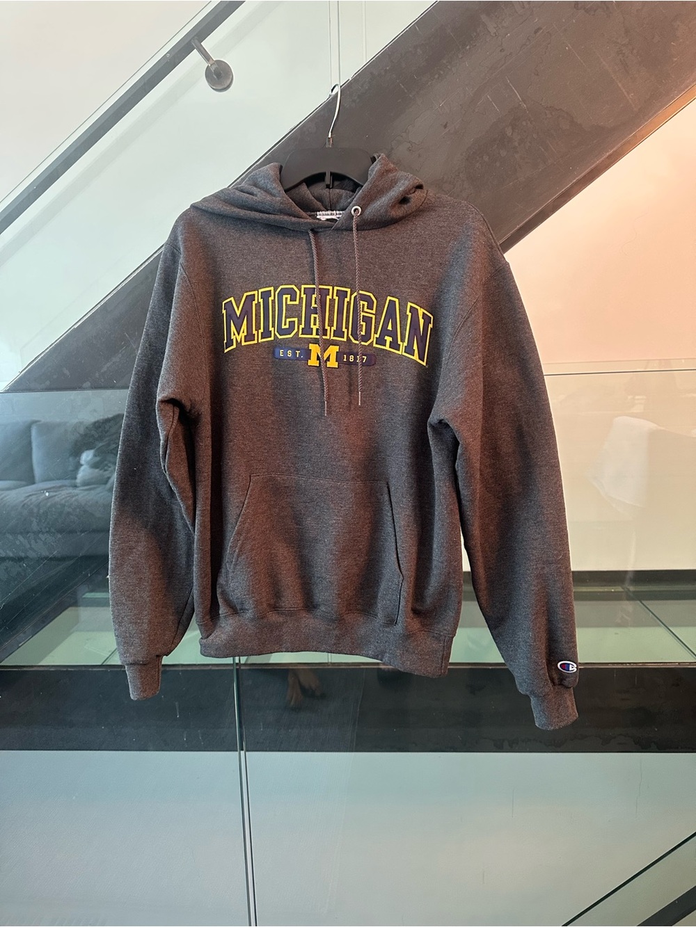 Champion Charcoal Michigan Pullover Hoodie with  Embroidered Lettering